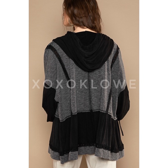 POL Black & Gray Zip Up Hoodie Lace Trim Oversized Slouchy Fit - Picture 5 of 11